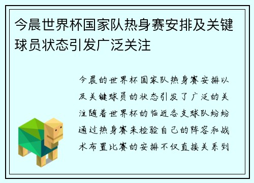 今晨世界杯国家队热身赛安排及关键球员状态引发广泛关注